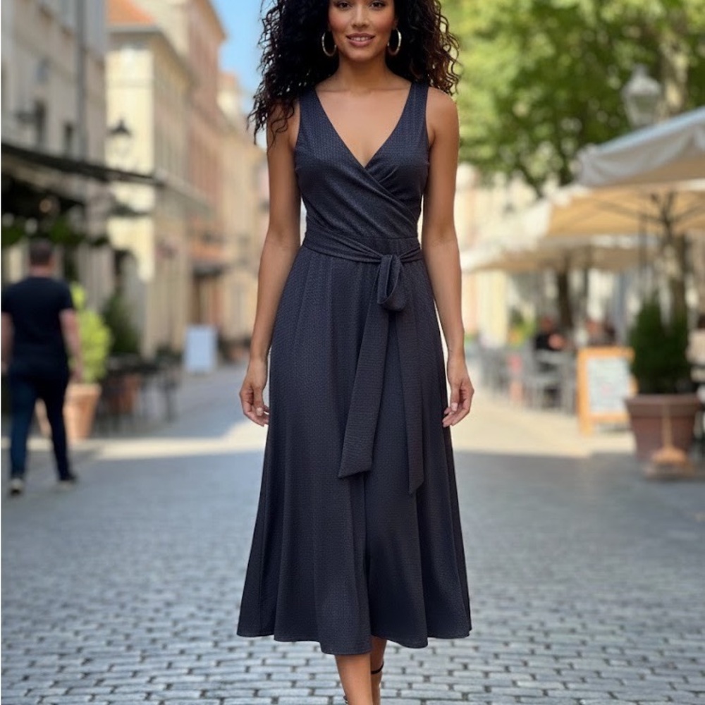 Club Monaco Black Sleeveless Wrap Midi Dress